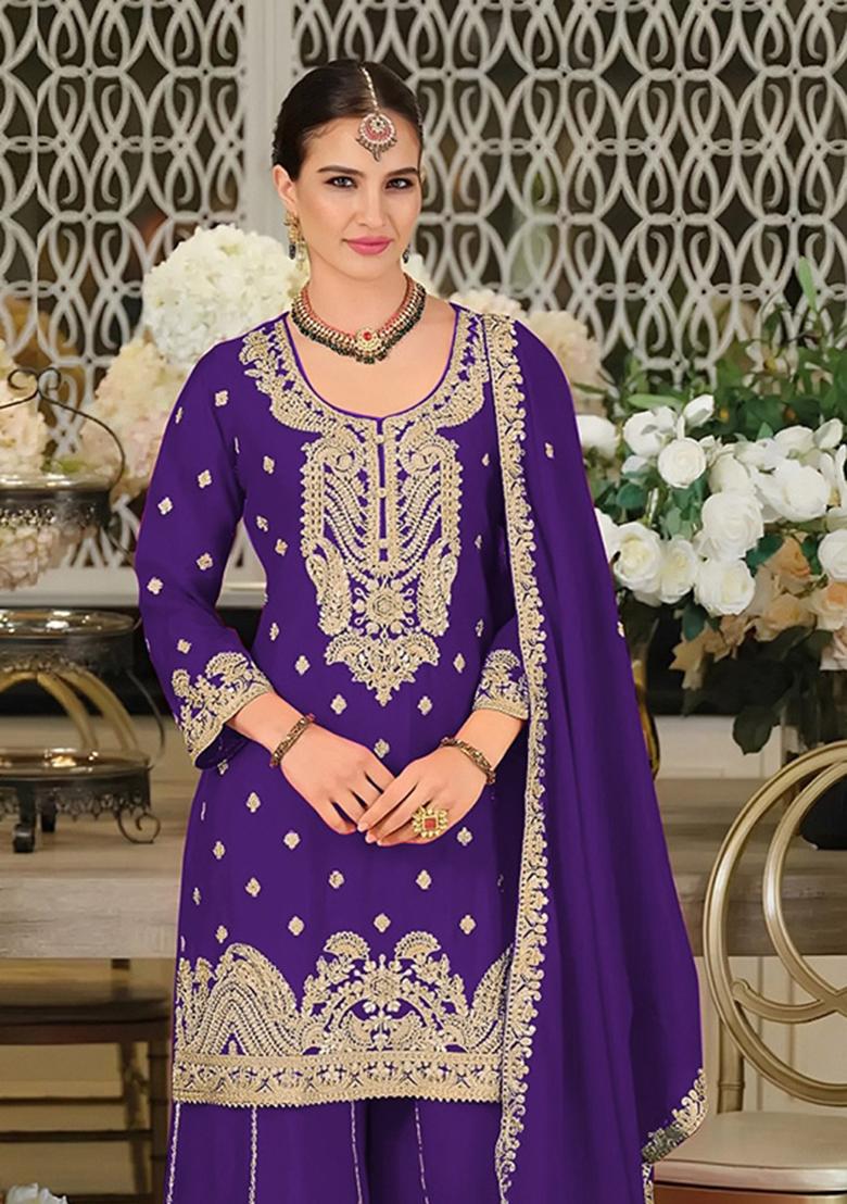 Violet Embroidered Silk Kurta Set - Indya