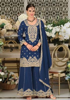 Teal Blue Embroidered Silk Kurta Set