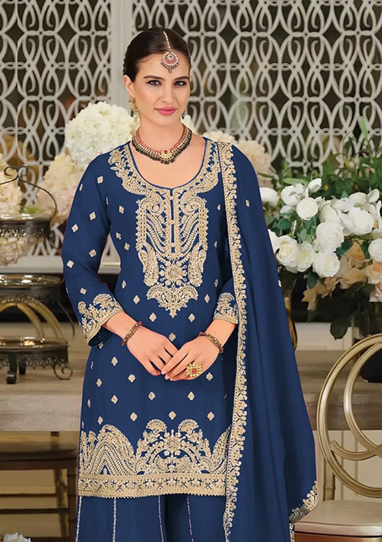 Teal Blue Embroidered Silk Kurta Set - Indya