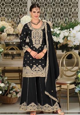 Black Embroidered Silk Kurta Set