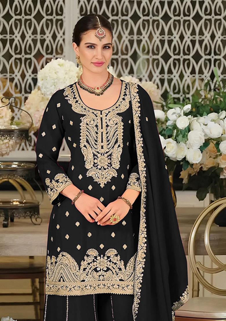 Black Embroidered Silk Kurta Set - Indya
