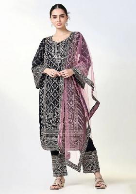 Maroon Embroidered Georgette Kurta Set
