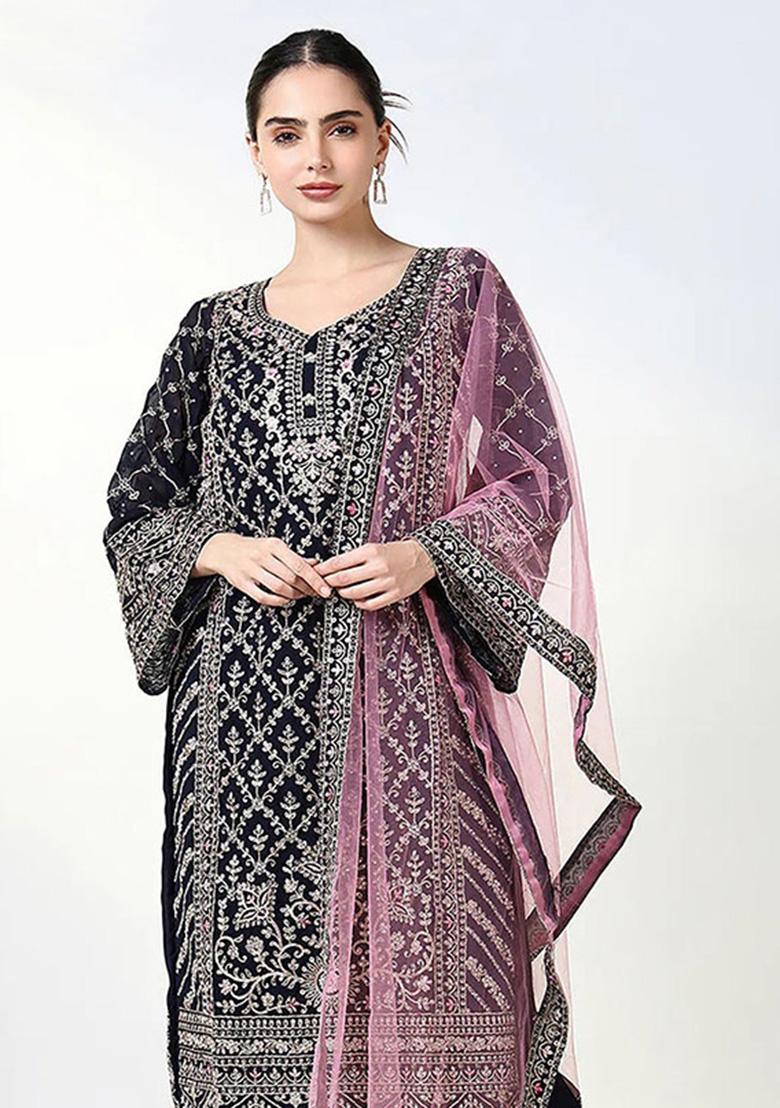 Maroon Embroidered Georgette Kurta Set - Indya