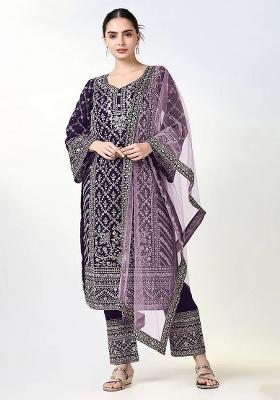 Purple Embroidered Georgette Kurta Set