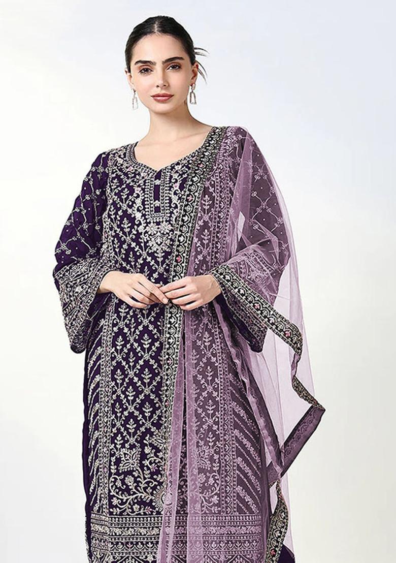 Purple Embroidered Georgette Kurta Set - Indya