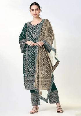 Dark Green Embroidered Georgette Kurta Set