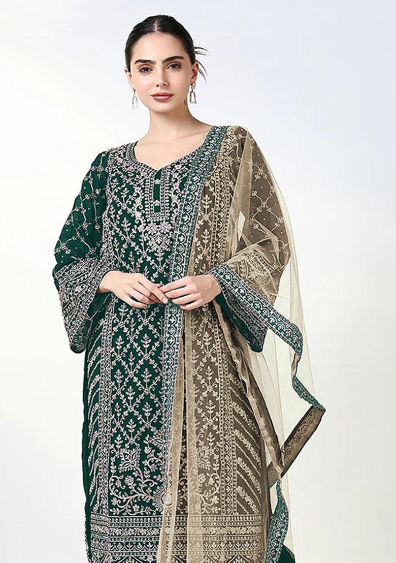 Dark Green Embroidered Georgette Kurta Set - Indya