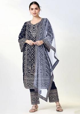 Navy Blue Embroidered Georgette Kurta Set