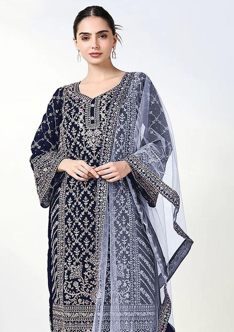 Navy Blue Embroidered Georgette Kurta Set - Indya