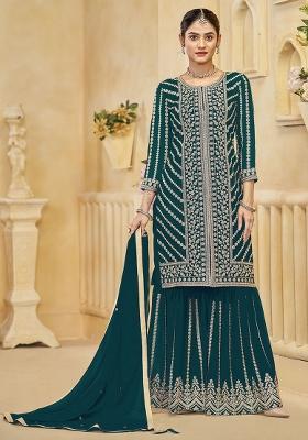 Dark Green Embroidered Georgette Kurta Set