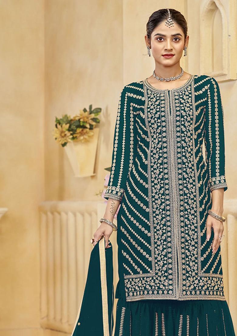 Dark Green Embroidered Georgette Kurta Set - Indya