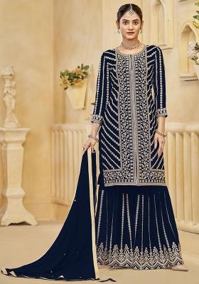 Dark Blue Embroidered Georgette Kurta Set