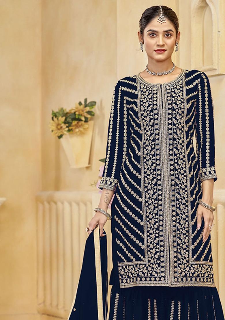 Dark Blue Embroidered Georgette Kurta Set - Indya