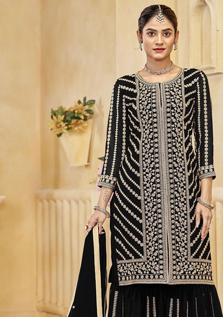 Black Embroidered Georgette Kurta Set - Indya