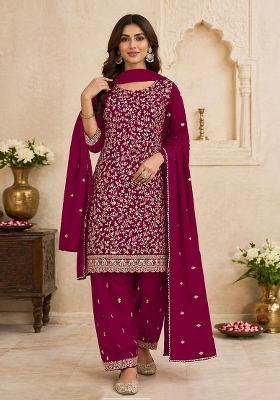 Maroon Embroidered Georgette Kurta Set