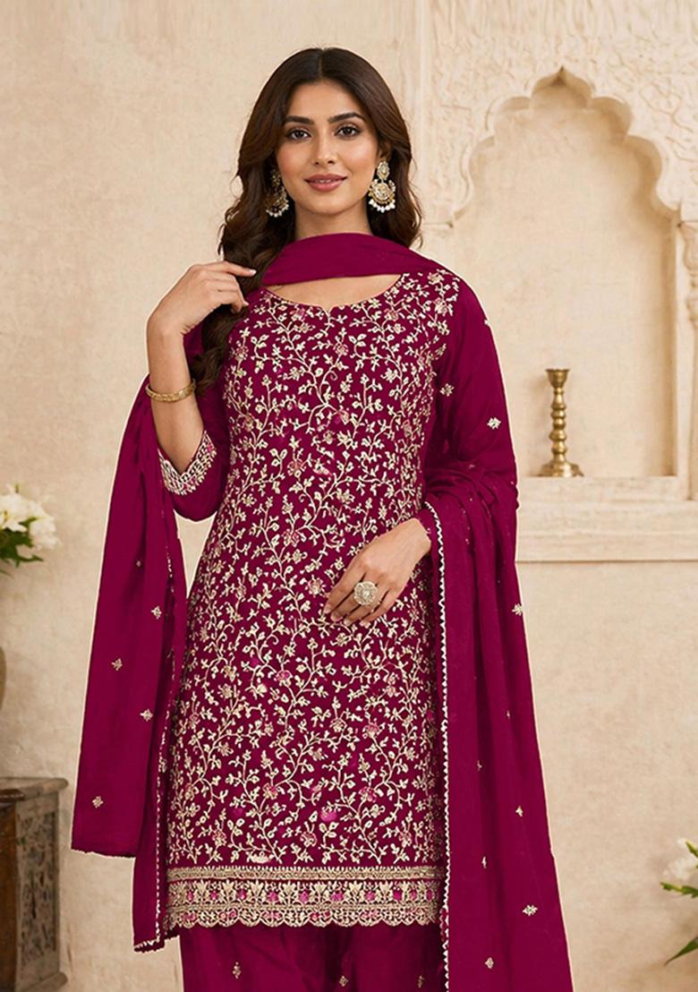 Maroon Embroidered Georgette Kurta Set - Indya