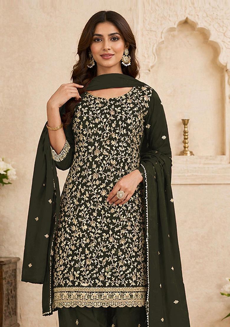 Mehendi Embroidered Georgette Kurta Set - Indya