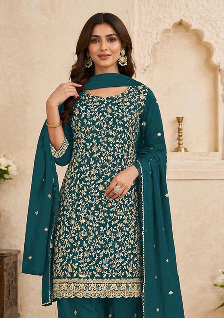 Blue Embroidered Georgette Kurta Set - Indya