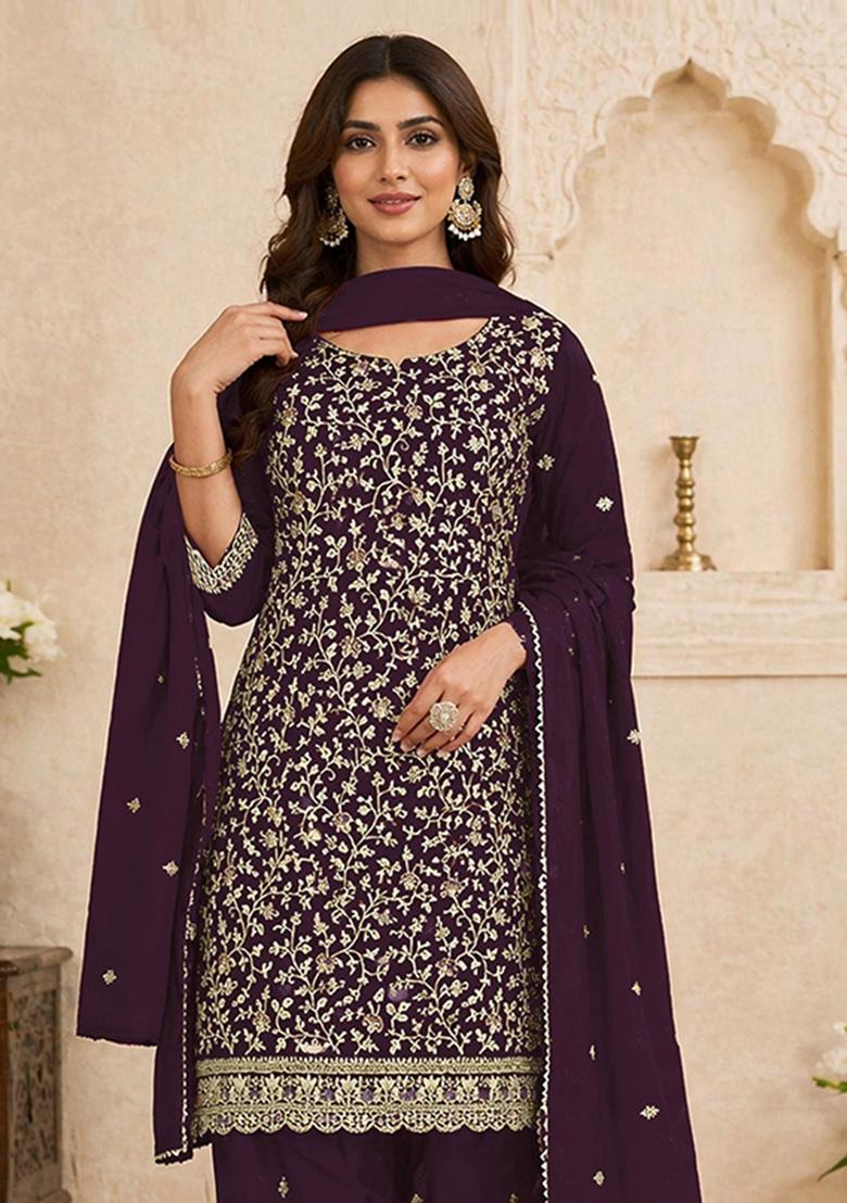 Purple Embroidered Georgette Kurta Set - Indya