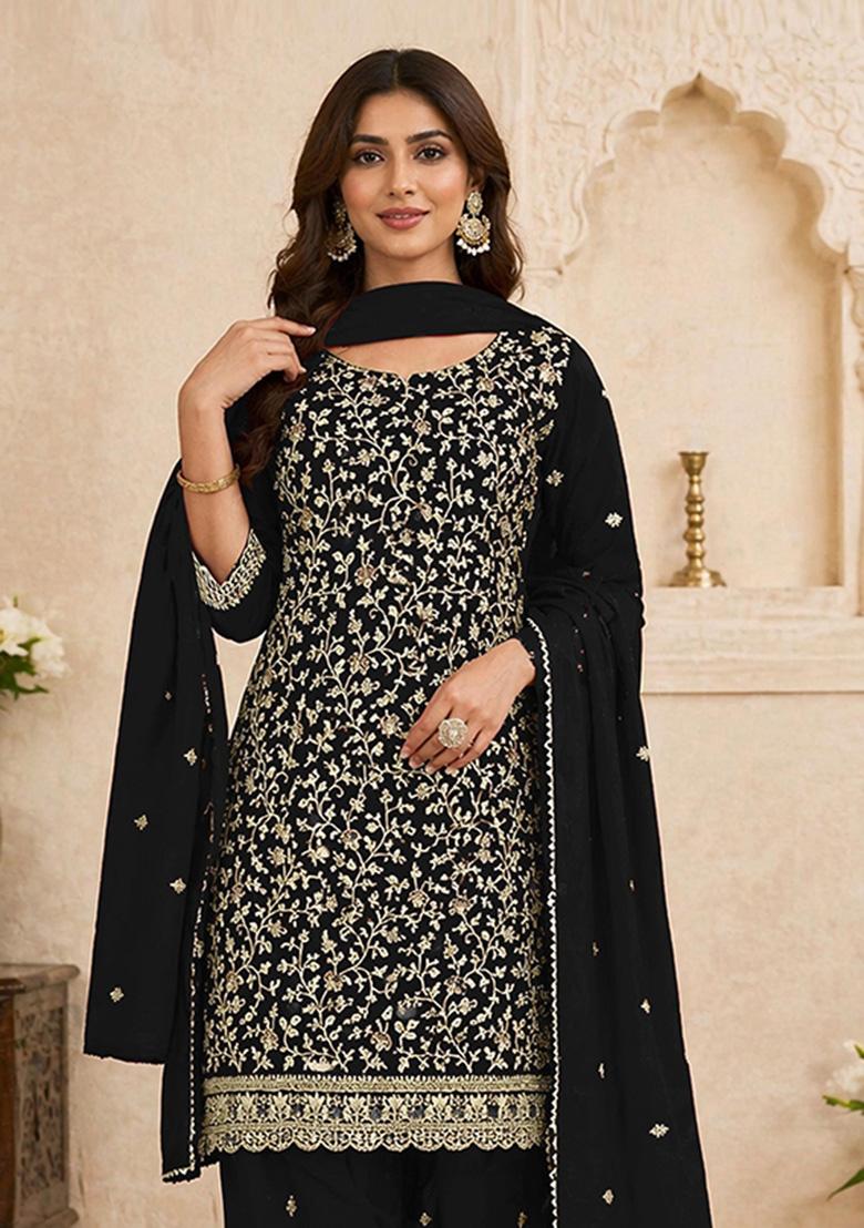 Black Embroidered Georgette Kurta Set - Indya