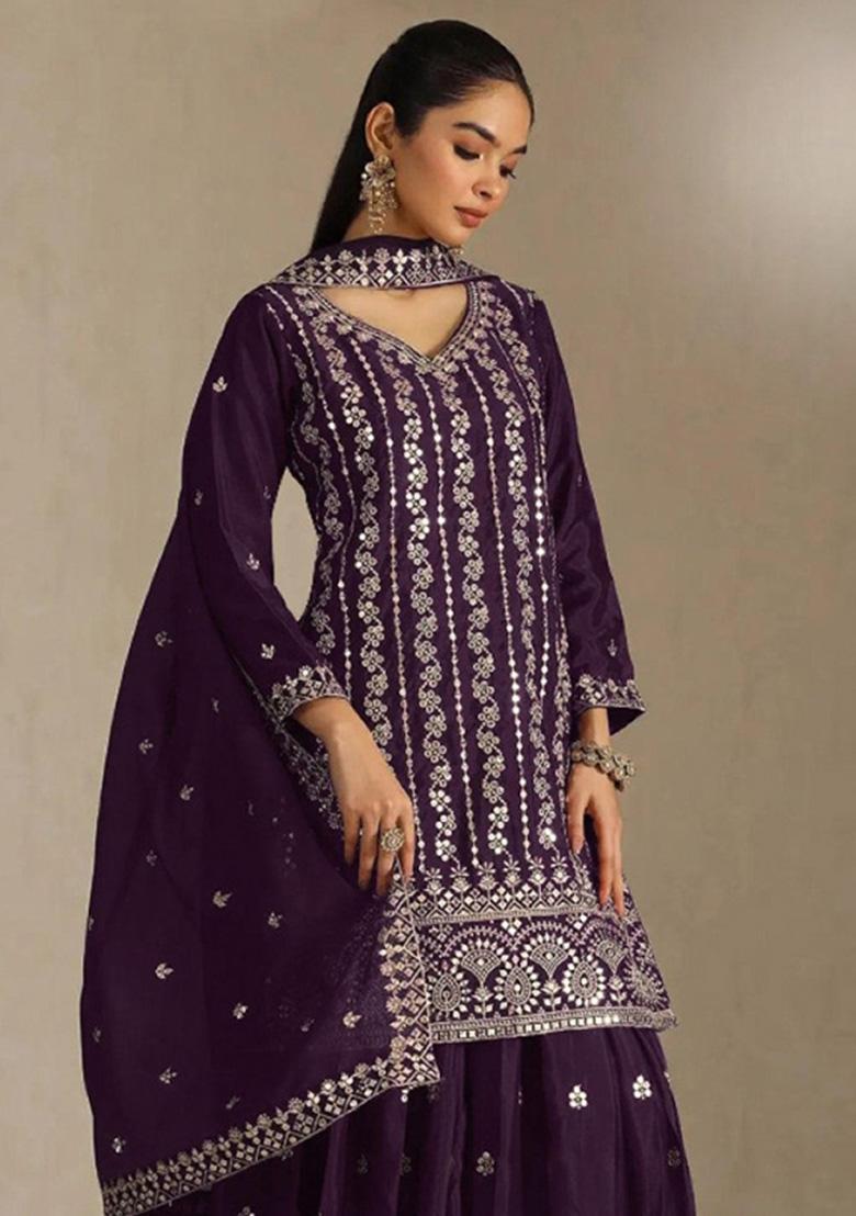 Purple Embroidered Silk Kurta Set - Indya