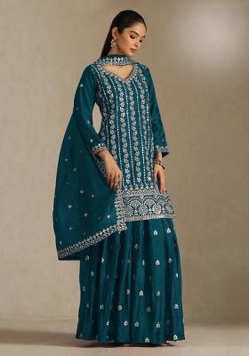 Blue Embroidered Silk Kurta Set