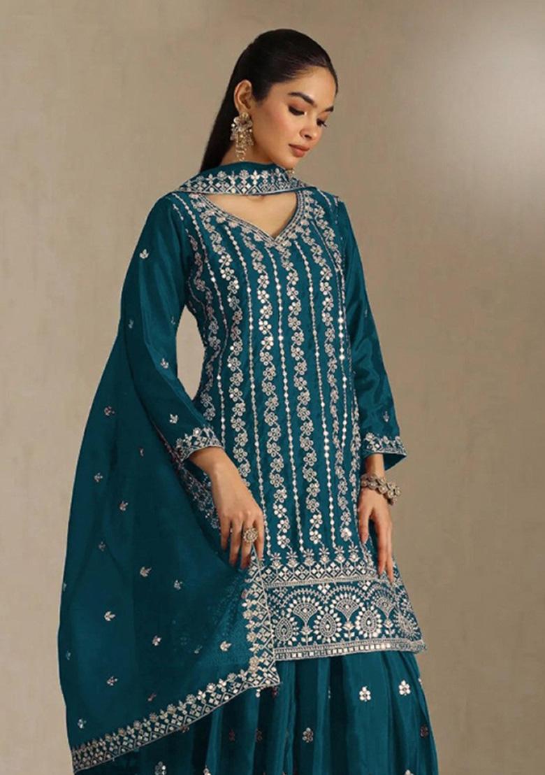 Blue Embroidered Silk Kurta Set - Indya