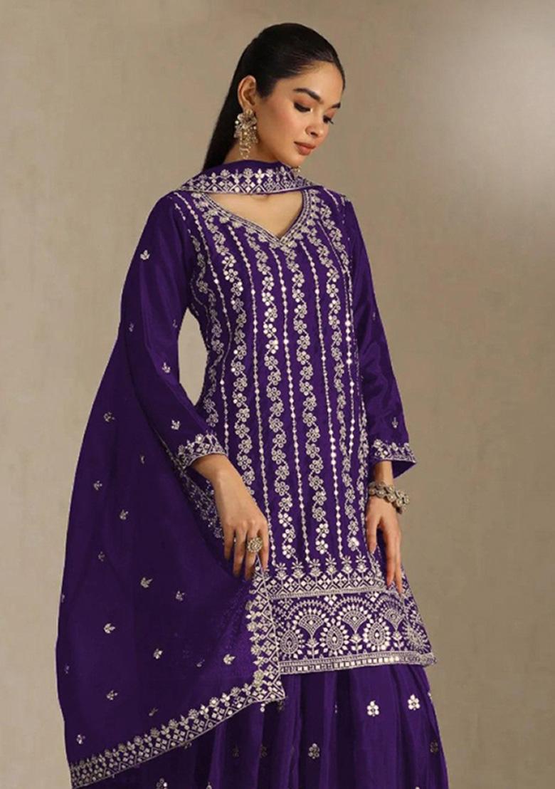 Violet Embroidered Silk Kurta Set - Indya