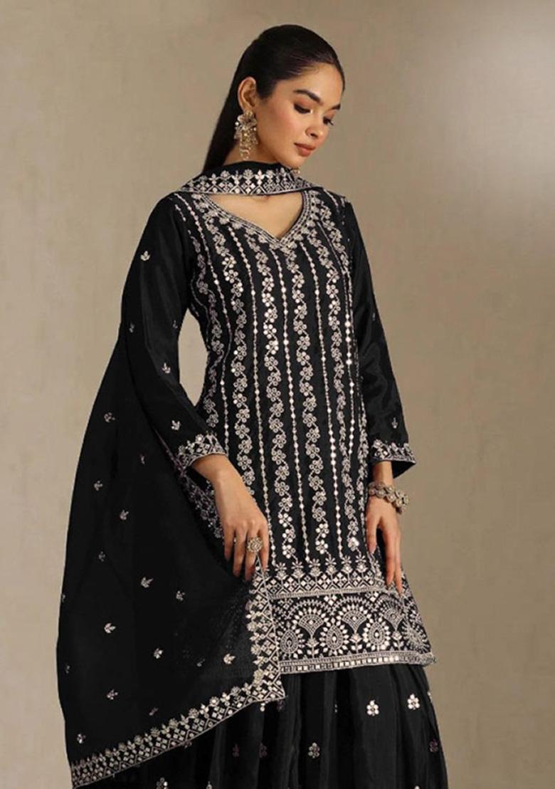 Black Embroidered Silk Kurta Set - Indya
