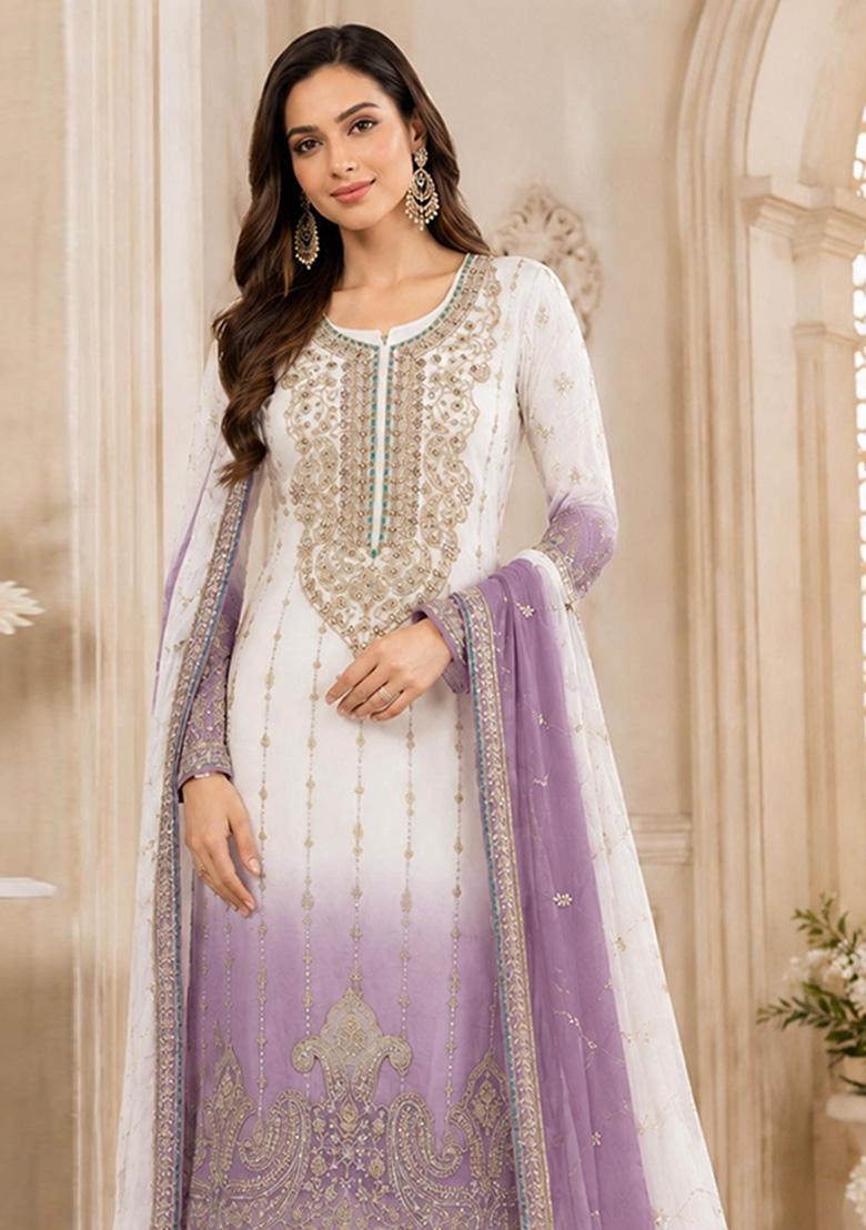 Lavender Embroidered Silk Kurta Set - Indya
