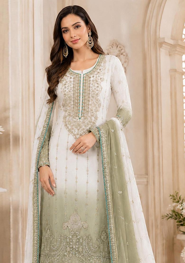 Green Embroidered Silk Kurta Set - Indya
