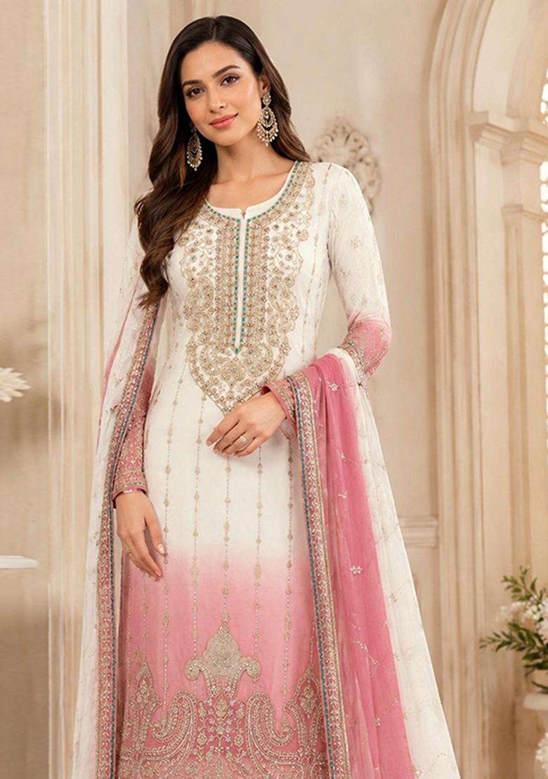 Pink Embroidered Silk Kurta Set - Indya