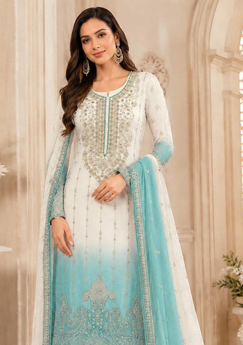 Blue Embroidered Silk Kurta Set - Indya