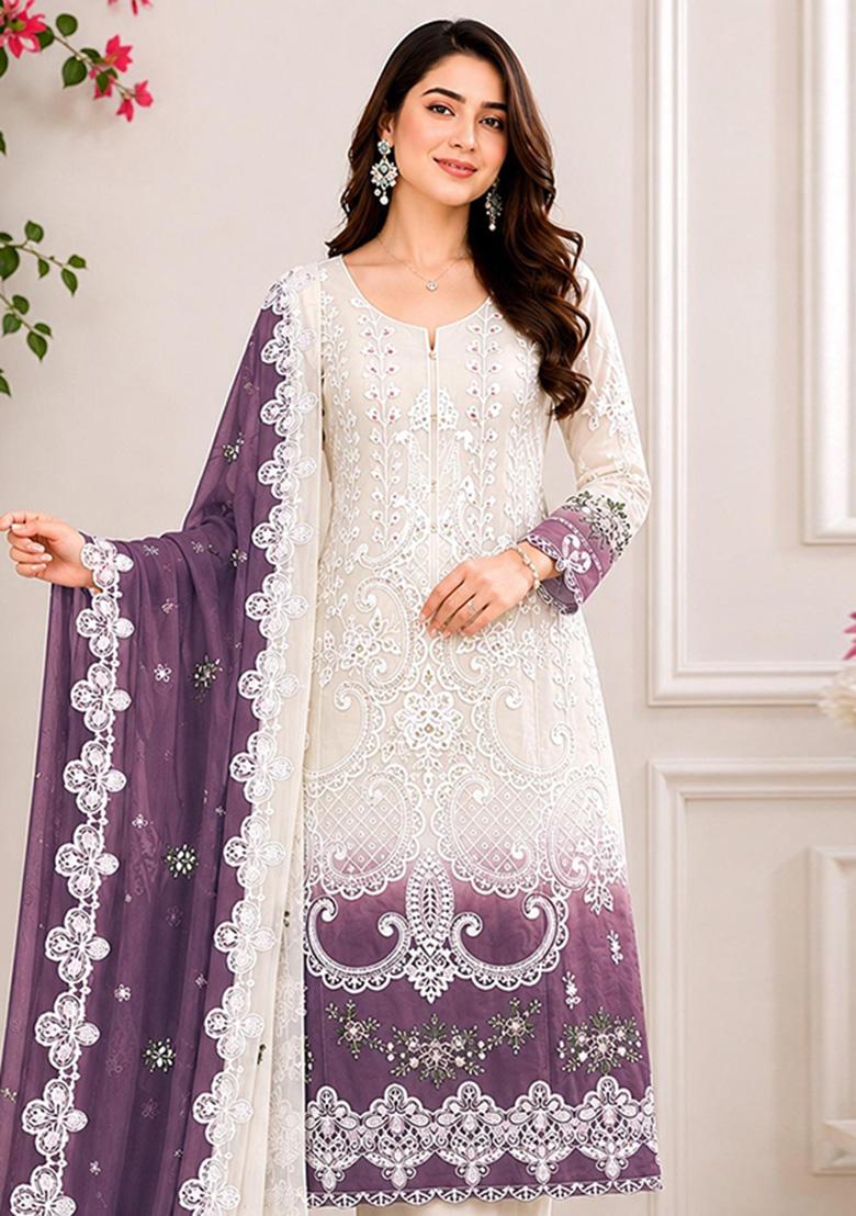 Purple Embroidered Georgette Kurta Set - Indya