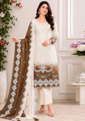 Brown Embroidered Georgette Kurta Set