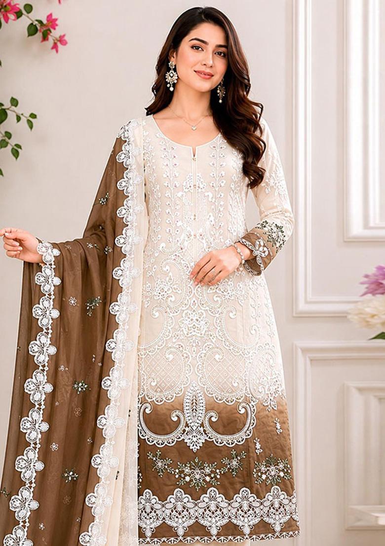 Brown Embroidered Georgette Kurta Set - Indya