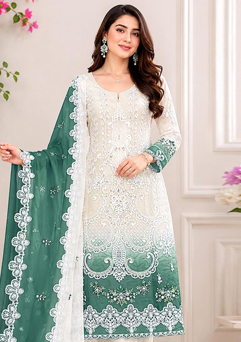 Blue Embroidered Georgette Kurta Set - Indya