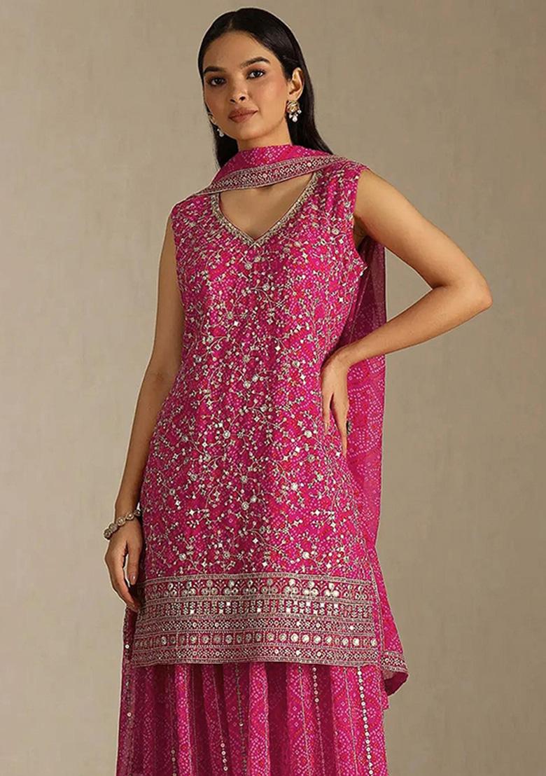 Rani Pink Embroidered Georgette Kurta Set - Indya