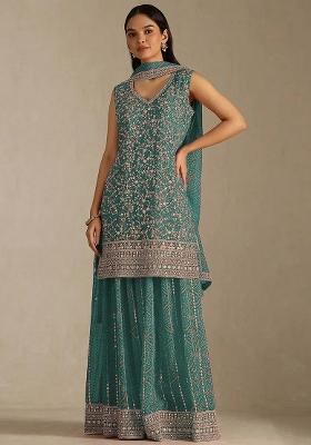 Blue Embroidered Georgette Kurta Set