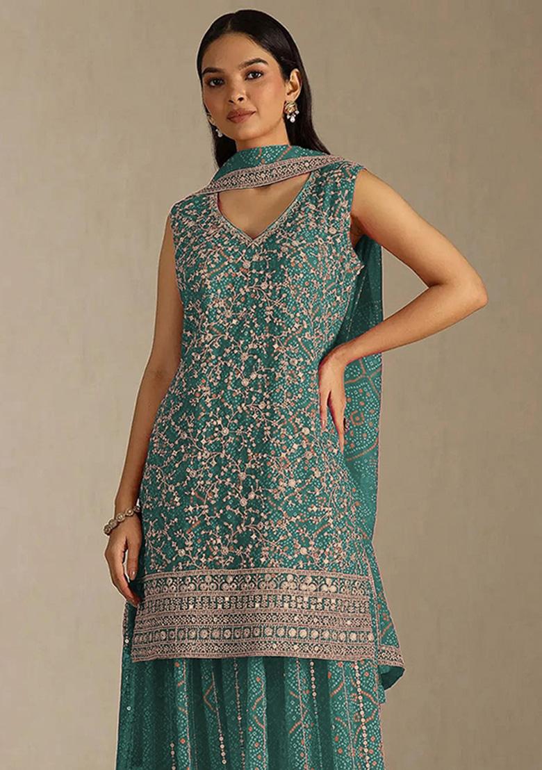 Blue Embroidered Georgette Kurta Set - Indya