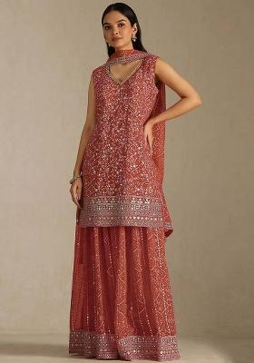Orange Embroidered Georgette Kurta Set
