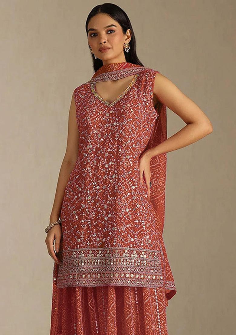 Orange Embroidered Georgette Kurta Set - Indya