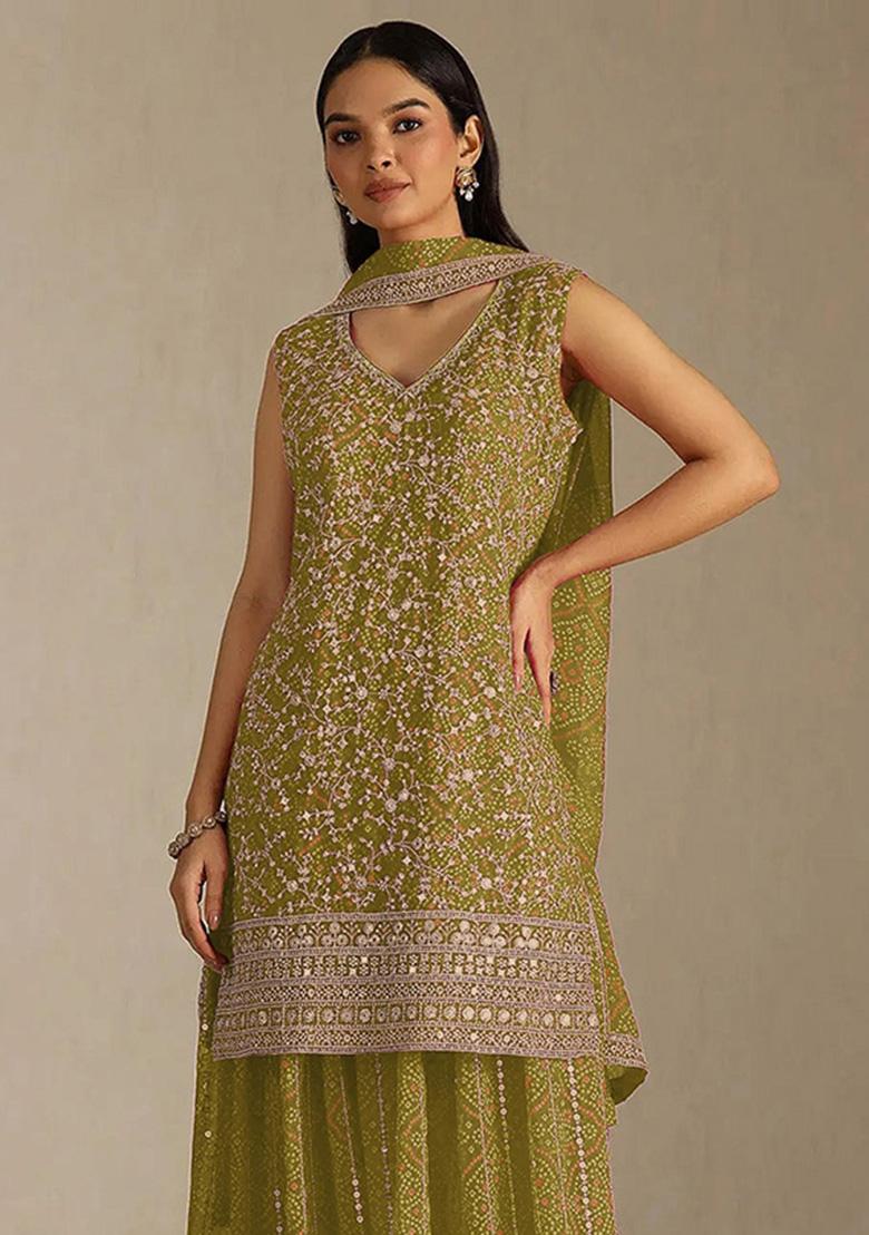 Mustard Embroidered Georgette Kurta Set - Indya
