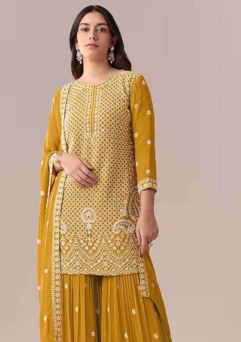 Yellow Embroidered Georgette Kurta Set - Indya
