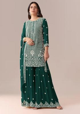 Dark Green Embroidered Georgette Kurta Set