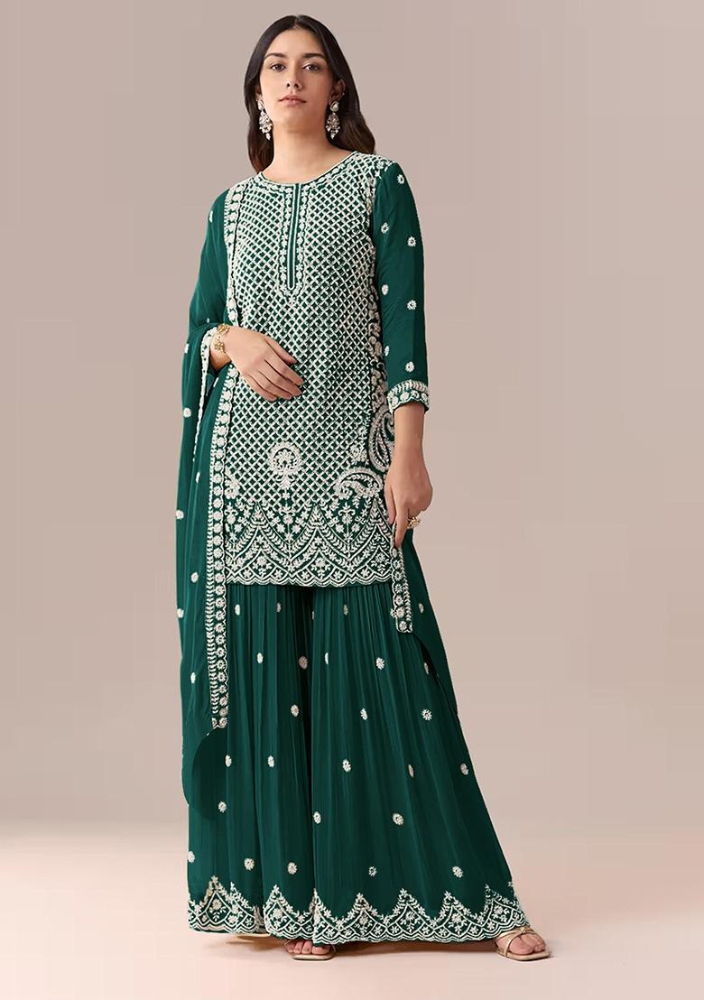Dark Green Embroidered Georgette Kurta Set - Indya