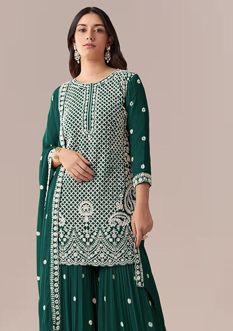 Dark Green Embroidered Georgette Kurta Set - Indya
