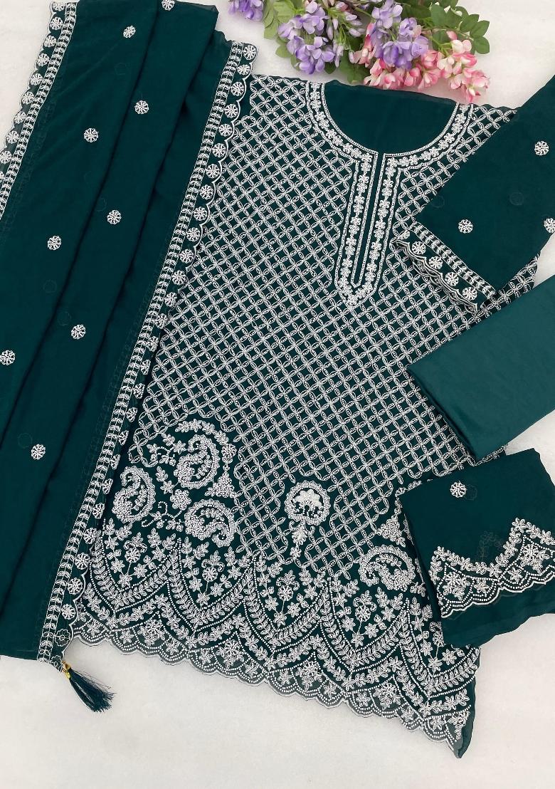 Dark Green Embroidered Georgette Kurta Set - Indya