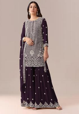 Dark Purple Embroidered Georgette Kurta Set