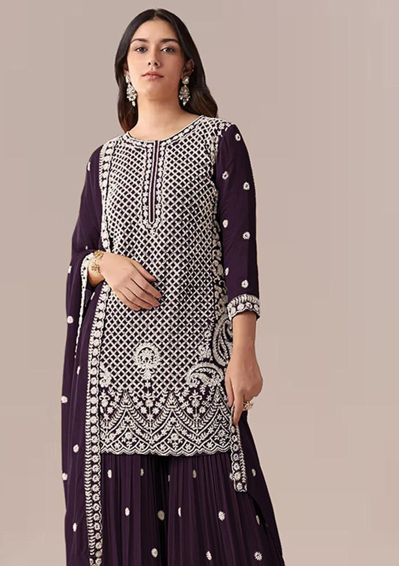 Dark Purple Embroidered Georgette Kurta Set - Indya